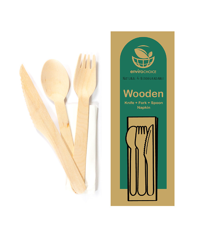 Wood Knife, Fork, Spoon & Napkin Set 400 Per Ctn