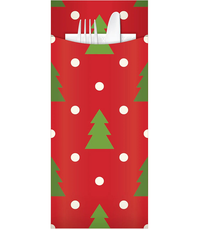 Xmas Trees Cutlery Pouch 85 x 200mm 3ply White Napkin (500)