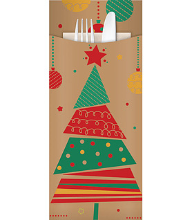 Xmas Kraft Cutlery Pouch 85 x 200mm 3ply White Napkin (500)