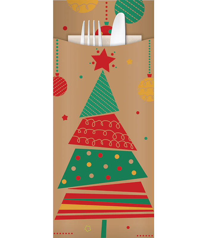 Xmas Kraft Cutlery Pouch 85 x 200mm 3ply White Napkin (500)